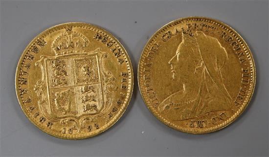 Two Victoria gold half sovereigns, 1892 & 1901.